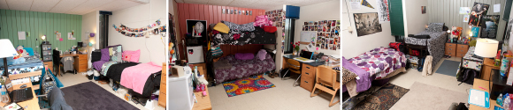Thumbnails of 3 different dorm rooms.