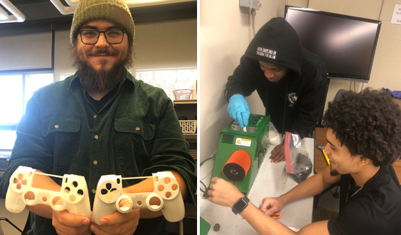 Logan Coggins showcases two 3D-printed video game controllers (left) and two students work together on a 3D printer (right).