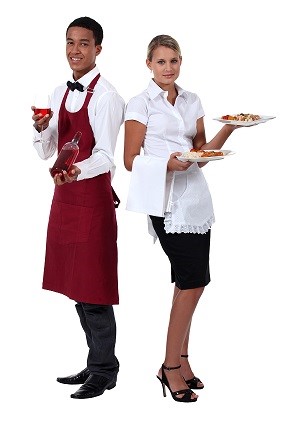 Two servers hold drinks and food.