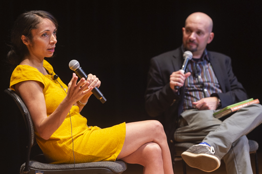 Author Chanelle Benz speaks to an audience during a North Country Public Radio live interview