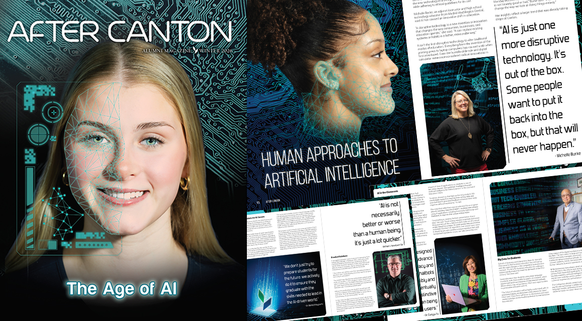After Canton Alumni magazine AI cover with internal pages from the feature story.