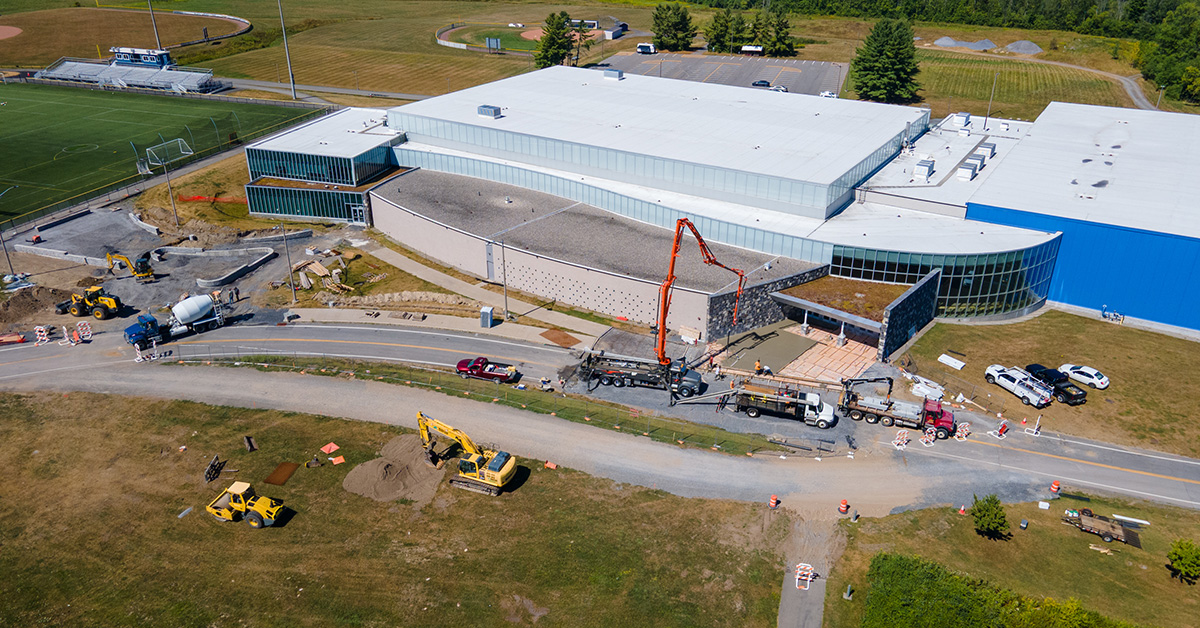 Aerial view of Roos House main entrance construction.