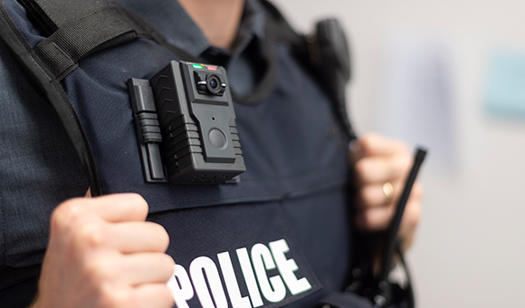 A close up view of a police-worn body camera