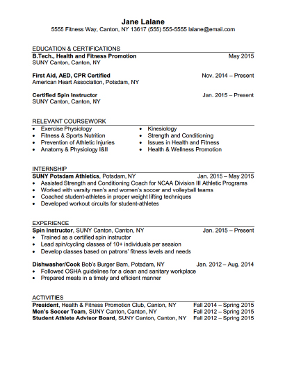 Health and Fitness Resume