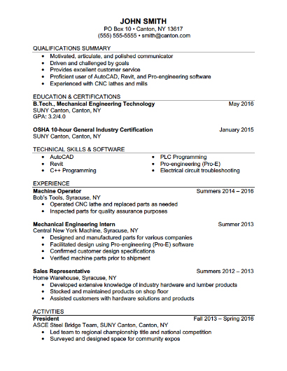 Mechanical Engineering Tech Resume - 4 year