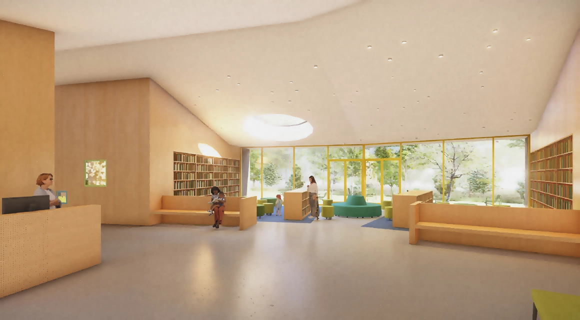 Rendering of the interior common space and library of the proposed Childcare Center.