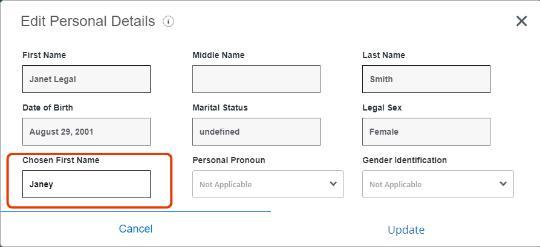 Screenshot: Edit Personal Details box - Chosen First Name at bottom left corner.