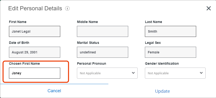 Screenshot: Edit Personal Details box - Chosen First Name at bottom left corner.