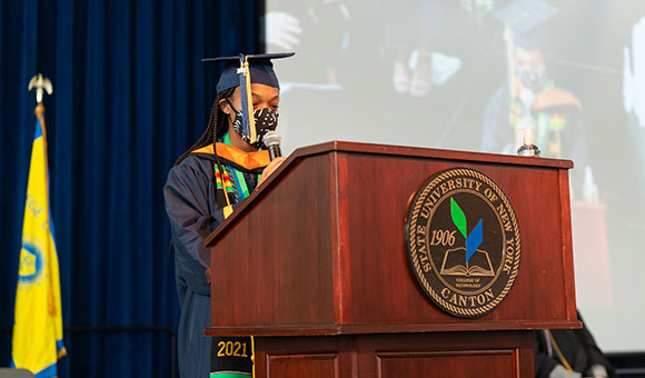 Kaitlyn Trusty speaks during the Commencement 2021 ceremony.