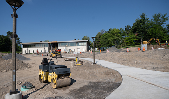 Work continues in the French Hall plaza.