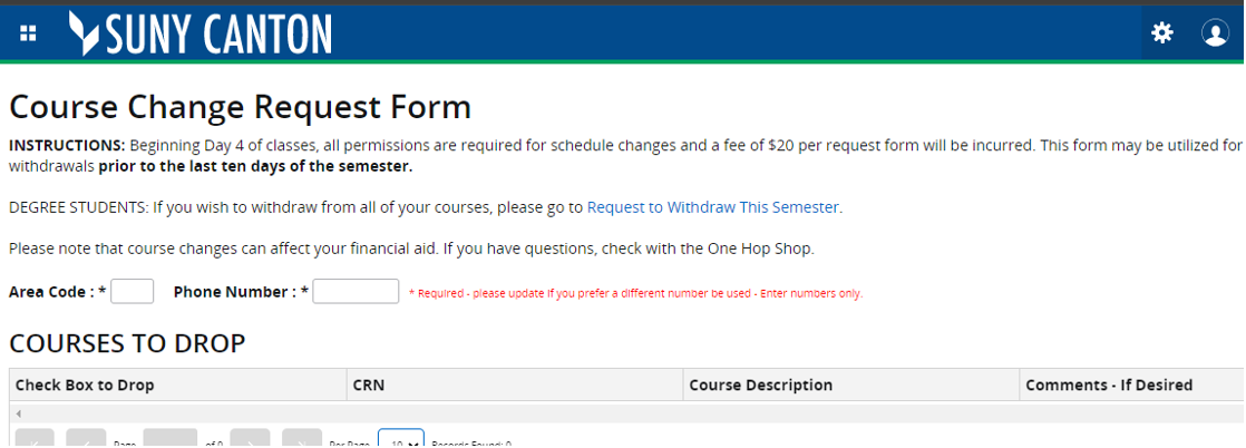 Screenshot: Listing of requested course changes.