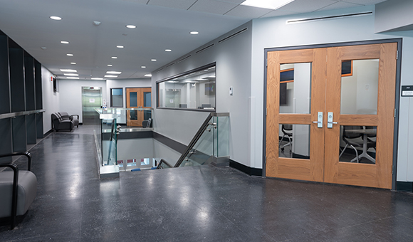Dana Hall mezzanine and entrance to the Center for Criminal Justice, Intelligence and Cybersecurity