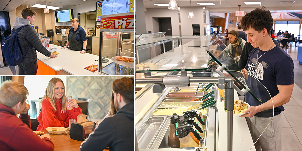 Composite photo: Dining associate serves a burger and fries to a student, a student loads up a bowl at the Chaney salad bar, three students enjoy lunch at Chaney Dining Center.