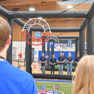 Competitors battle during a drone soccer match qualifier from SUNY Canton's Dana Hall.