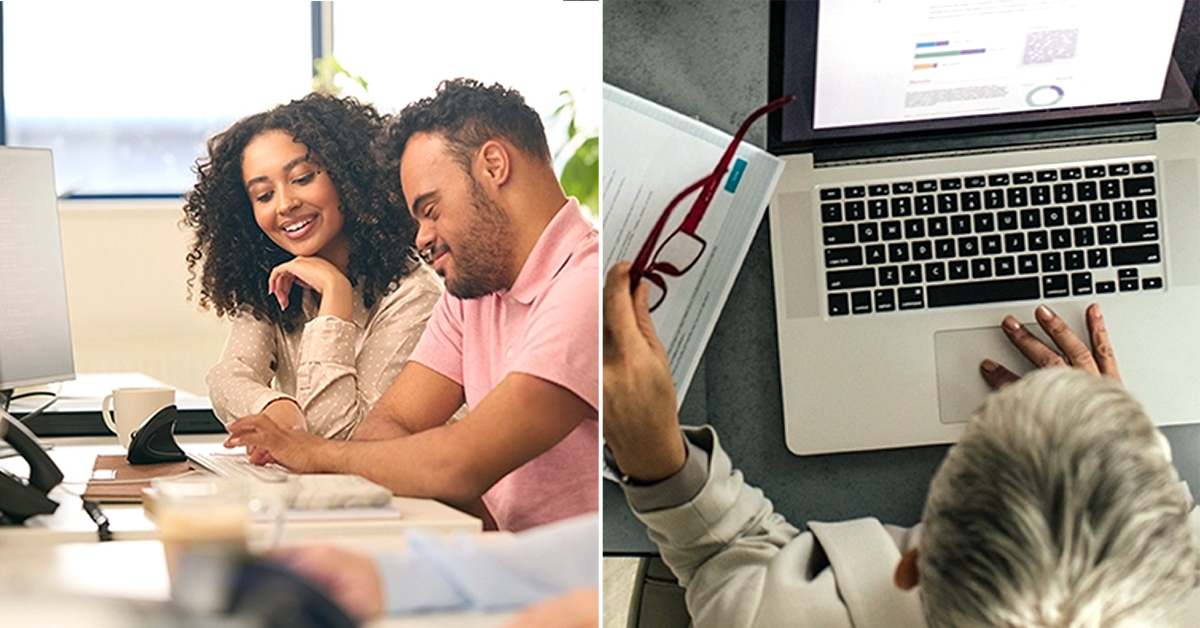 Direct Support Professional works with a patient. Medical coder works on a laptop.