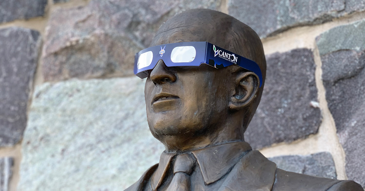The Terry Martin statue dons some custom solar eclipse specs.