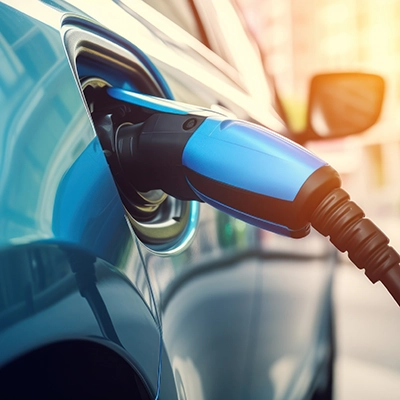 A charger plugged into a teal electric vehicle.
