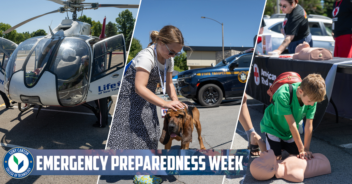 Emergency Preparedness Week - An emergency helicopter, students engaging with a police dog, and a student practicing CPR on a mannequin.