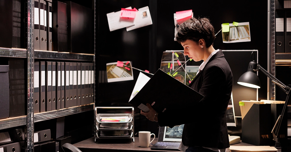 An investigator analyzes case files. Diagrams and photos are posted on a bulletin board behind her.