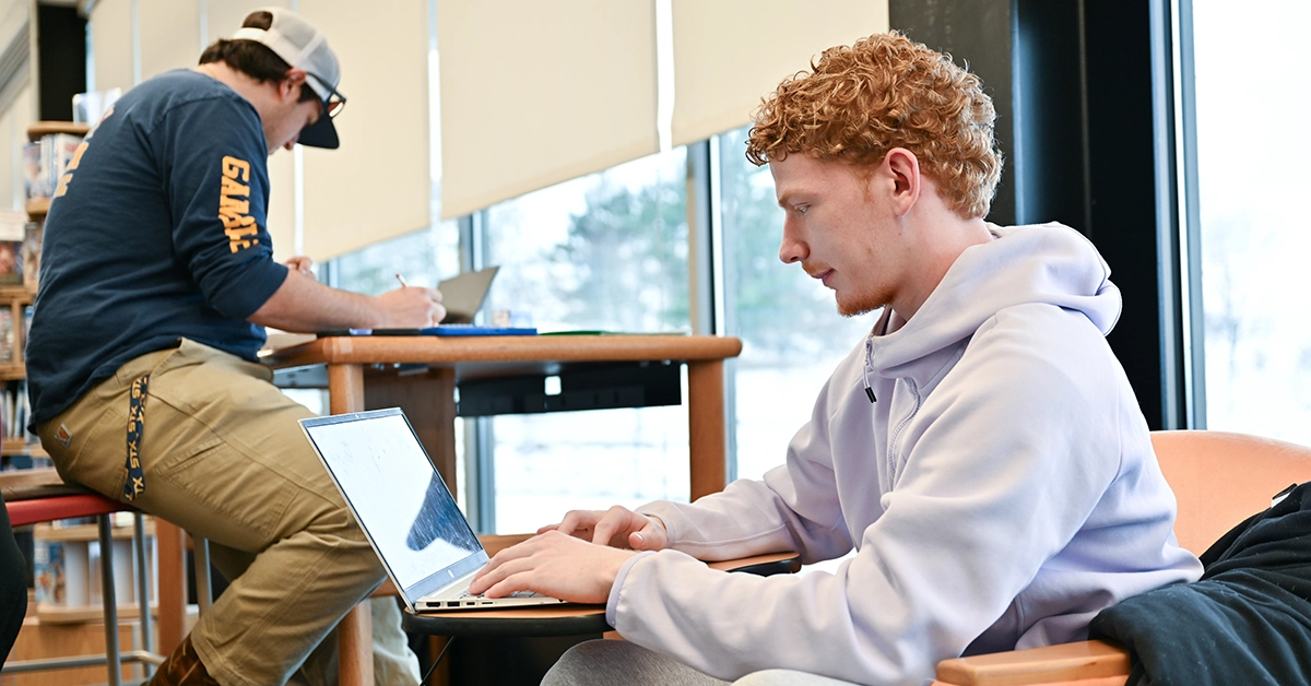 Two students working on laptops in the Southworth Library.