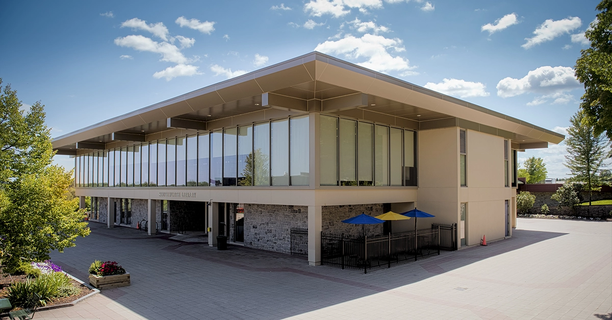 Southworth Library on a sunny day with bright blue skies.