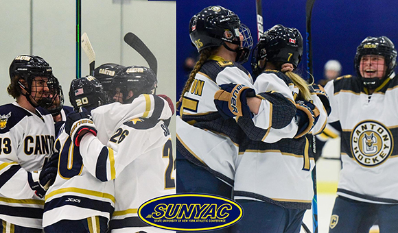 Men's and Women's Hockey teams celebrate.