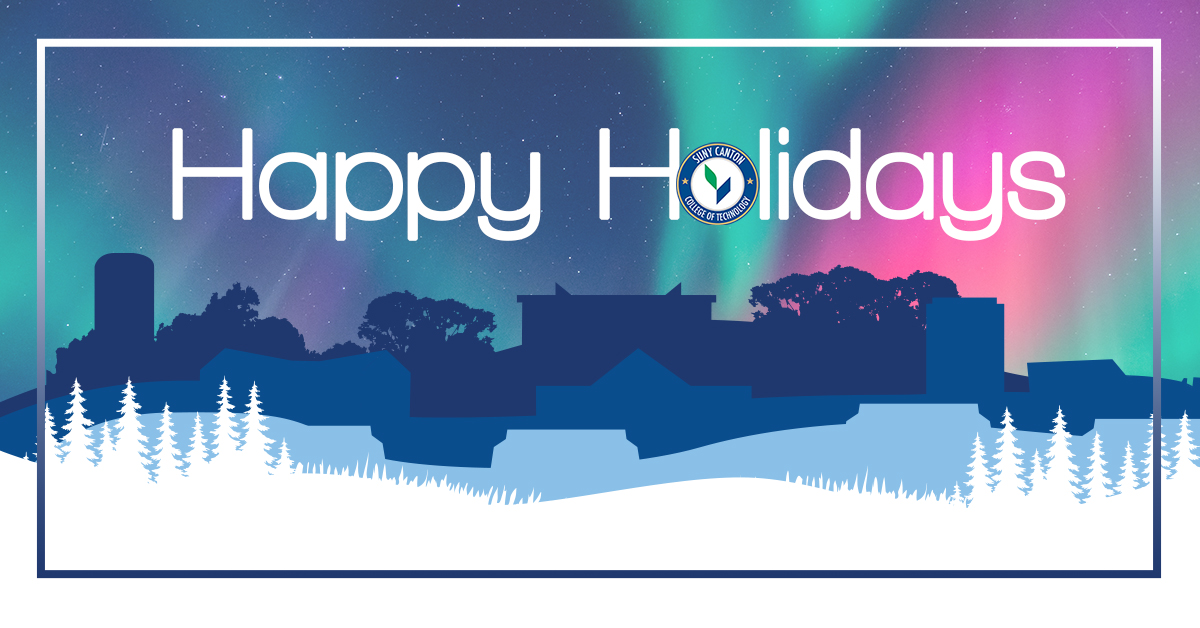 Happy Holidays - Aurora Borealis over a stylized campus skyline.