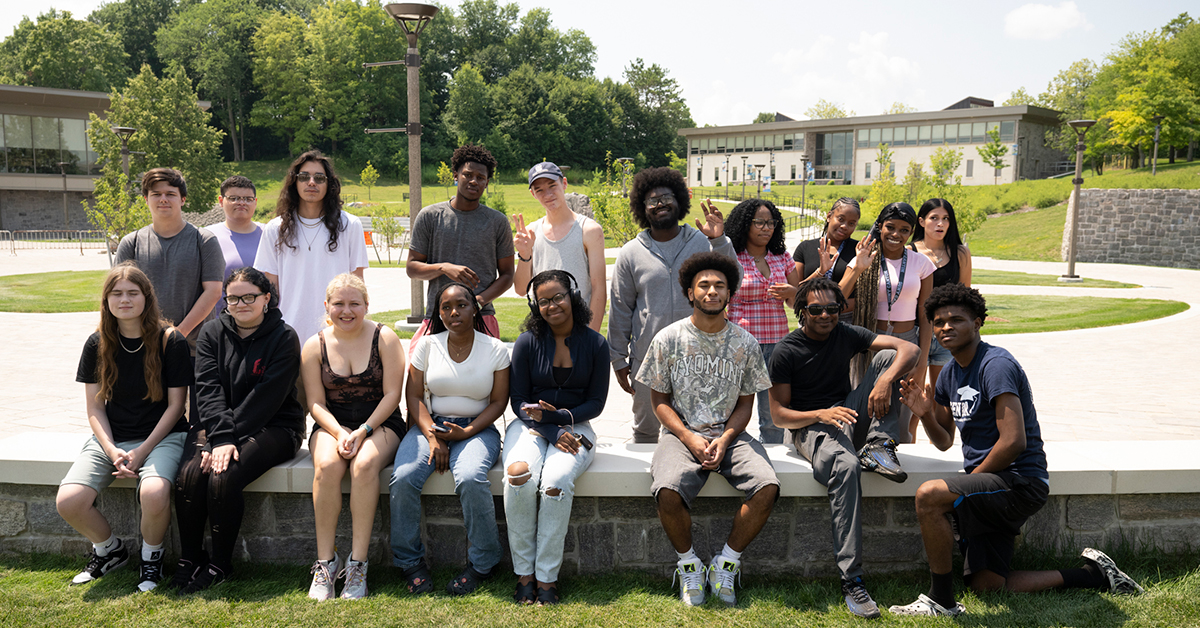 EOP students assembled in the newly renovated Roselle Plaza.