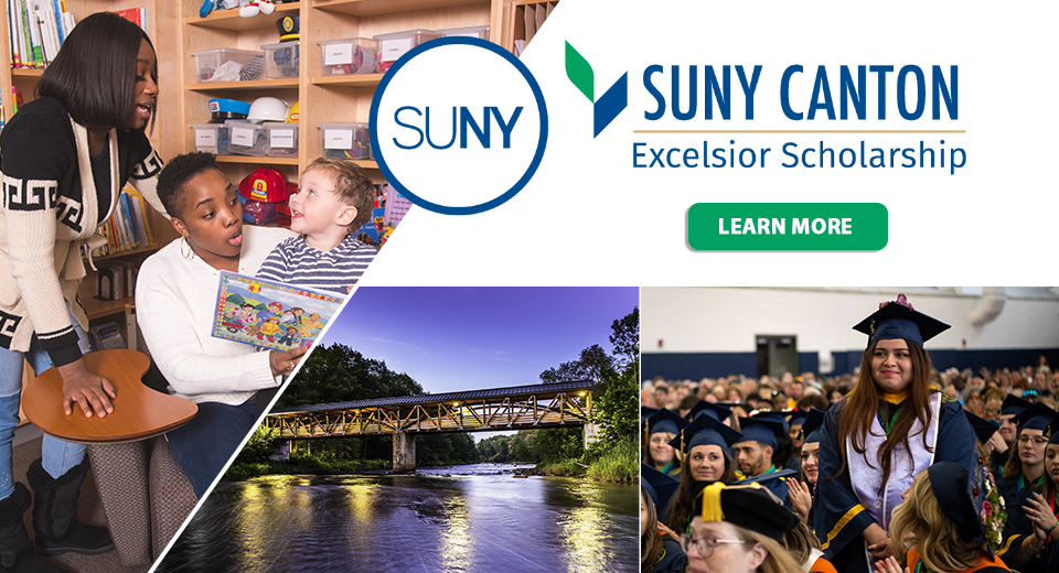 Excelsior Scholarship - Students reading to a child, students graduating, footbridge