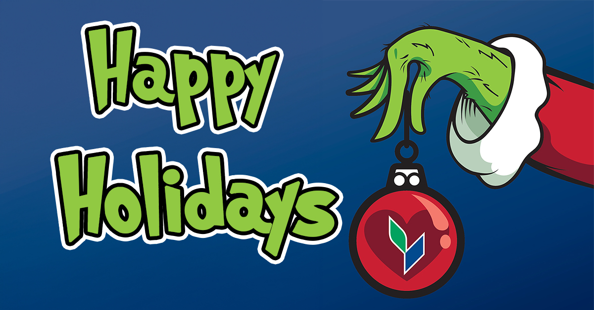 Happy Holidays - A Grinch-like hand holds a red SUNY Canton ornament.