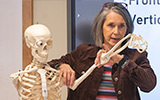 Professor Jen McDonald demonstrates arm structure on a model skeleton.