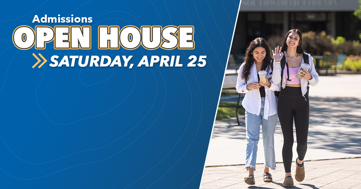 Admissions Open House - Saturday, April 25 - Two students walking through the academic plaza.