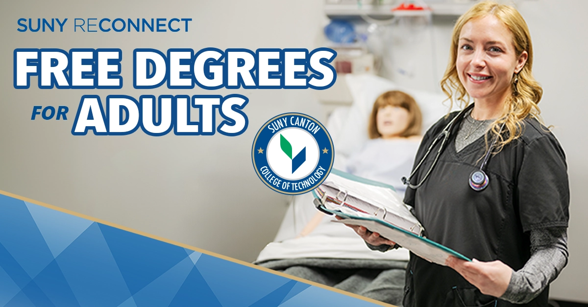 Free Degrees for Adults - SUNY Reconnect - Taylor French holds a binder in a nursing lab.