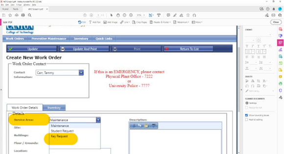 Screenshot: Create New Work Order, click Service Area and Key Request