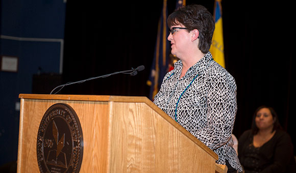 SUNY Canton Retail Food Associate Vicki Lavoie at a podium