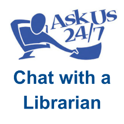 Logo of AskUs 24/7 service with text stating chat with a librarian