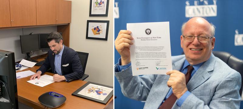 SUNY Empire President James Malatras signs the MOU, SUNY Canton President Zvi Szafran holds up the signed MOU.