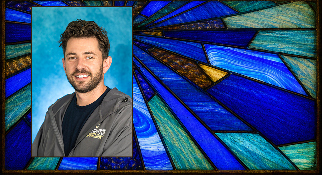 Jeff Merrill overlayed on stained glass with several blue hues.