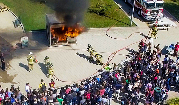 An aerial view of a mock burn in the Roselle Plaza