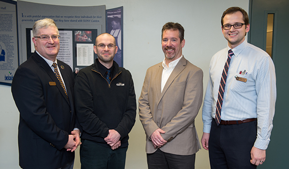 Dean of the Canino School of Engineering Technology Michael J. Newtown; Assistant Professor Lucas Craig, Ph.D.; Corning Canton Plant Engineering Manager Brian Bush; and SUNY Canton Engineering Lab Coordinator Paul E. Todd.