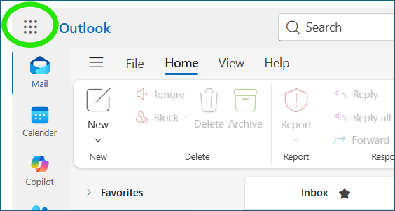 Screenshot: Click on the app launcher at the top left corner of Outlook
