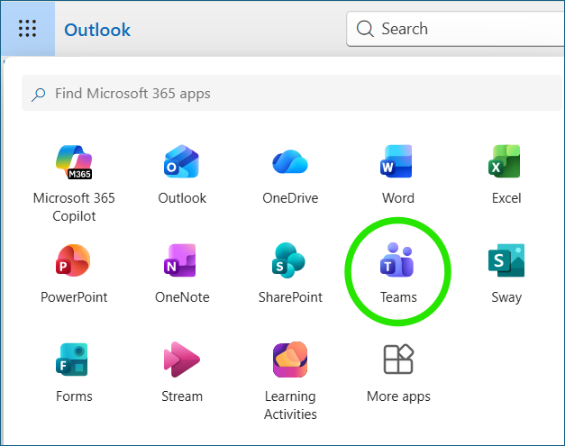 Screenshot: Select Teams from the list of available apps.