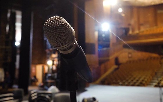 A microphone on a stage.
