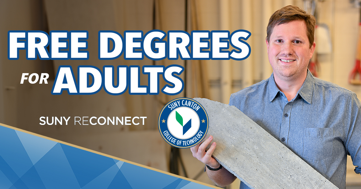 Free Degrees for Adults SUNY Reconnect - Student Brett Miller holds a large chunk of concrete.