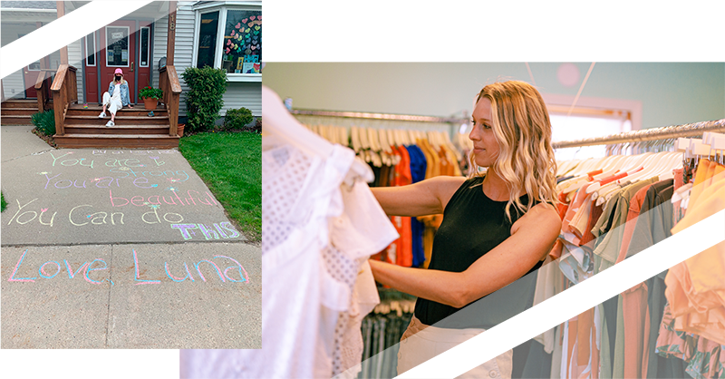 Hailey Hodge sits on steps of her boutique, Luna. Hailey views items from her clothing display.