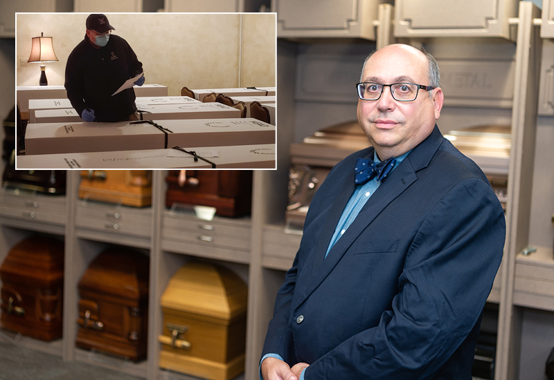 David Penepent stands in front of caskets in the Funeral Services Lab. Inset - Penepent examines boxes of remains in NYC.