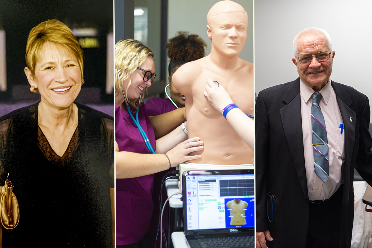 Maryalice Grotkowski Blake, nursing students using patient simulator, and Alson Caswell holding photo of Mary Ann Caswell.