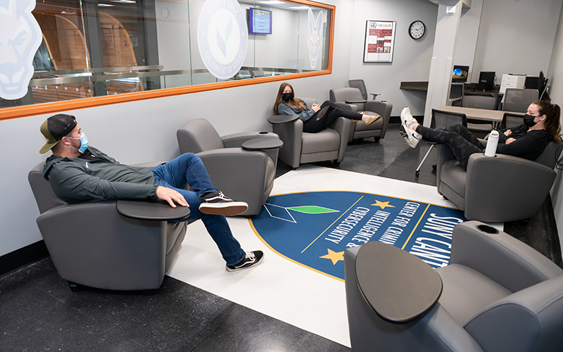 Students hang out in the new Student Lounge in Dana Hall.