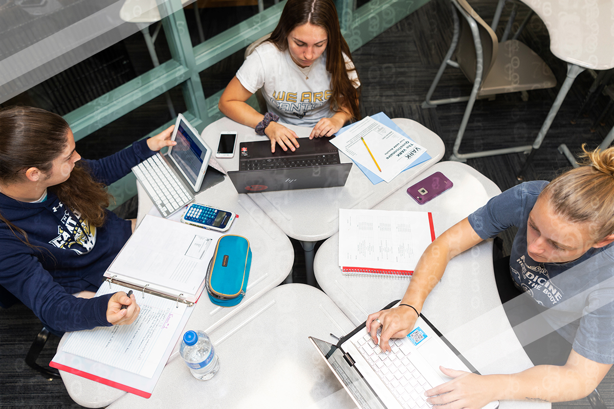 Three students studying math in Southworth Library.