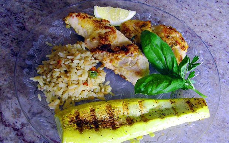Rice, chicken and grilled zucchini